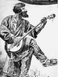 Народный исполнитель с балалайкой, имеющей круглый кузов. Начало XIX века.